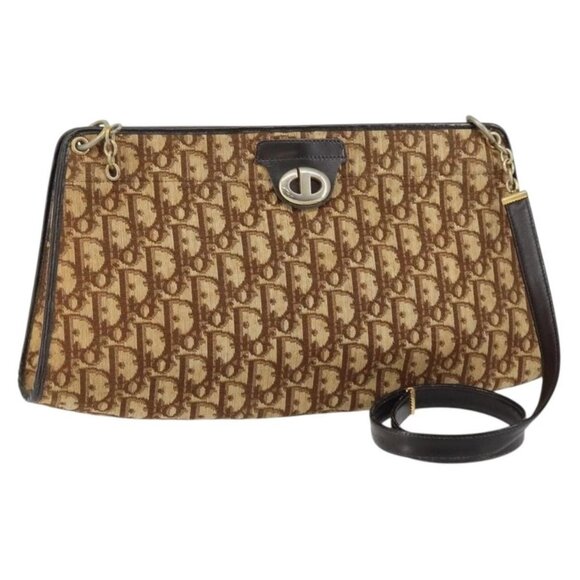 Christian Dior Trotter Canvas Shoulder Bag Brown Gold Auth 147503